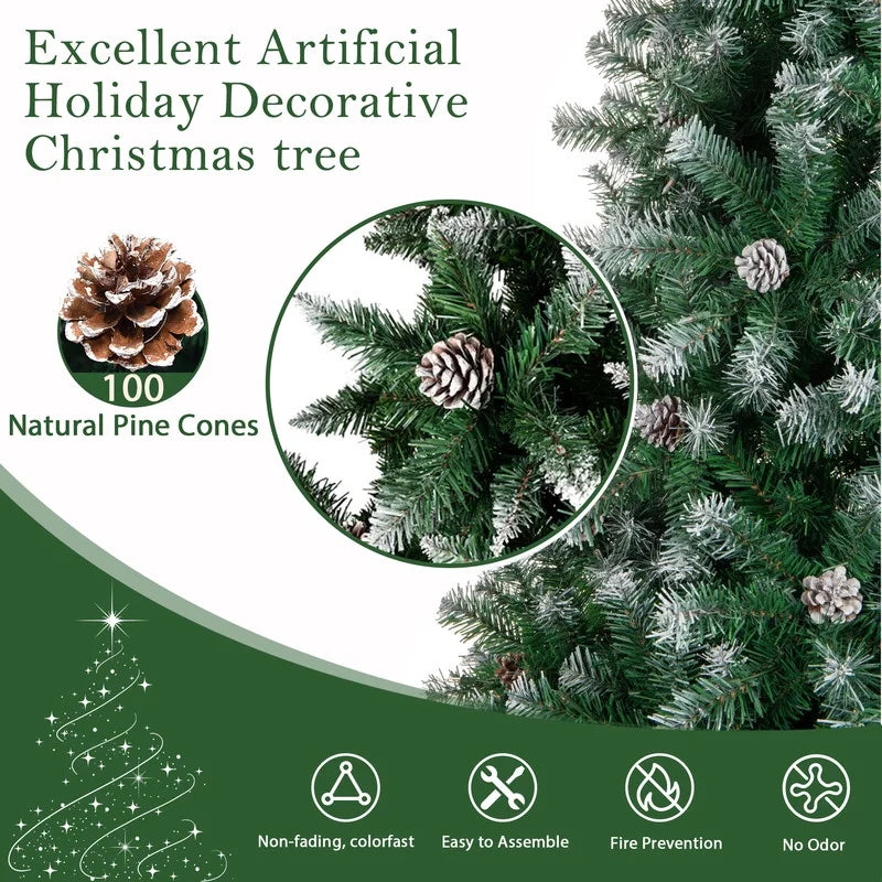 9Ft Pre-Lit Realistic Artificial Christmas Tree - Green Tree with 2100 Frosted Flocked Tips, 100 Pine Cones, LED Lights, and 63-Inch White Christmas Tree Skirt.