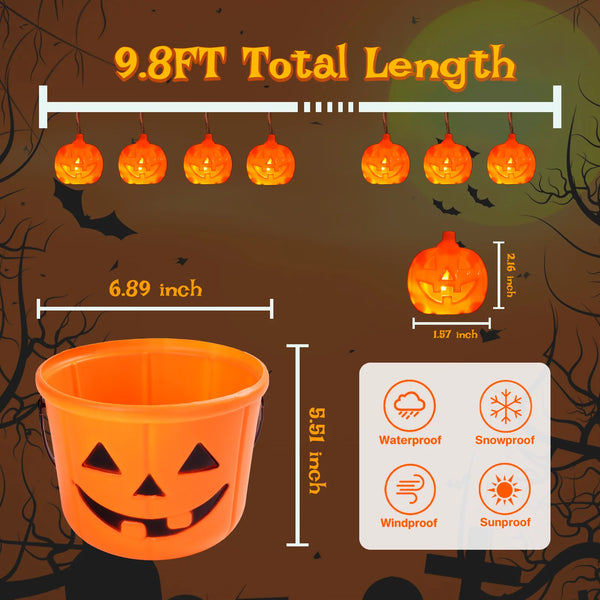 Halloween Pumpkin String Lights with Candy Bucket - 30 LED 16.4Ft, 8 Modes Timer, Waterproof Orange Jack-O-Lantern Lights for Outdoor & Indoor Halloween Decorations.