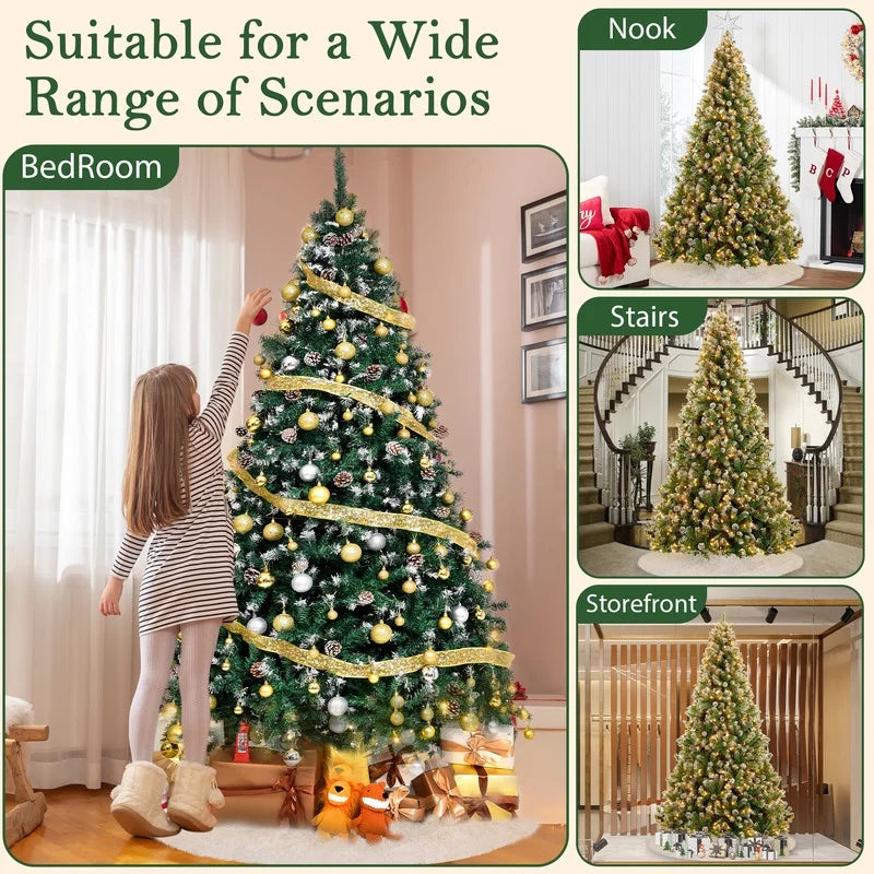 9Ft Pre-Lit Realistic Artificial Christmas Tree - Green Tree with 2100 Frosted Flocked Tips, 100 Pine Cones, LED Lights, and 63-Inch White Christmas Tree Skirt.