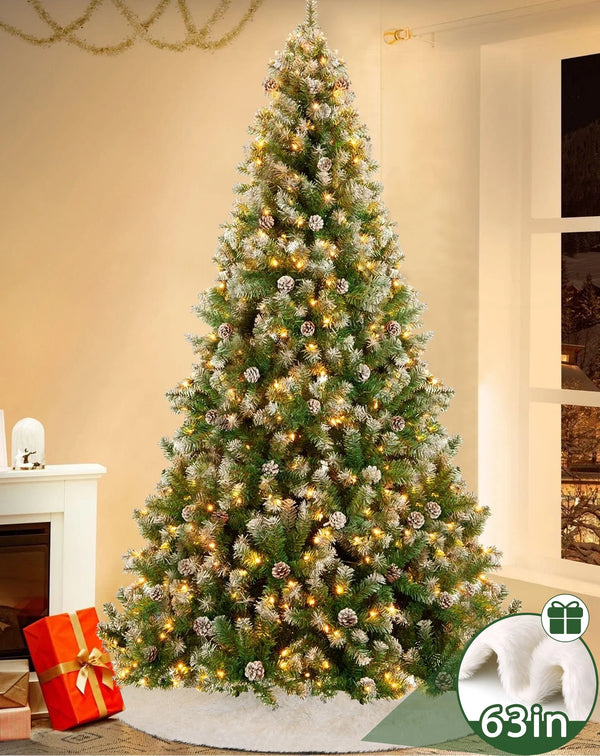 9Ft Pre-Lit Realistic Artificial Christmas Tree - Green Tree with 2100 Frosted Flocked Tips, 100 Pine Cones, LED Lights, and 63-Inch White Christmas Tree Skirt.