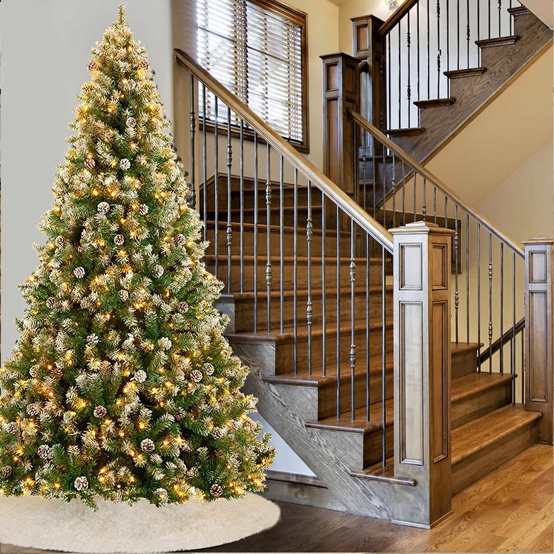 9Ft Pre-Lit Realistic Artificial Christmas Tree - Green Tree with 2100 Frosted Flocked Tips, 100 Pine Cones, LED Lights, and 63-Inch White Christmas Tree Skirt.