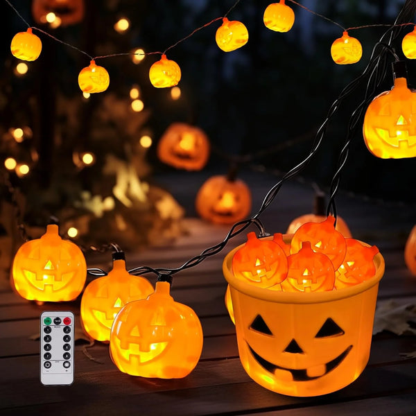 Halloween Pumpkin String Lights with Candy Bucket - 30 LED 16.4Ft, 8 Modes Timer, Waterproof Orange Jack-O-Lantern Lights for Outdoor & Indoor Halloween Decorations.