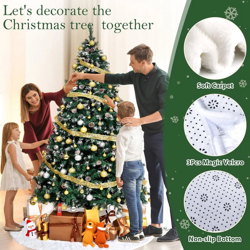 9Ft Pre-Lit Realistic Artificial Christmas Tree - Green Tree with 2100 Frosted Flocked Tips, 100 Pine Cones, LED Lights, and 63-Inch White Christmas Tree Skirt.