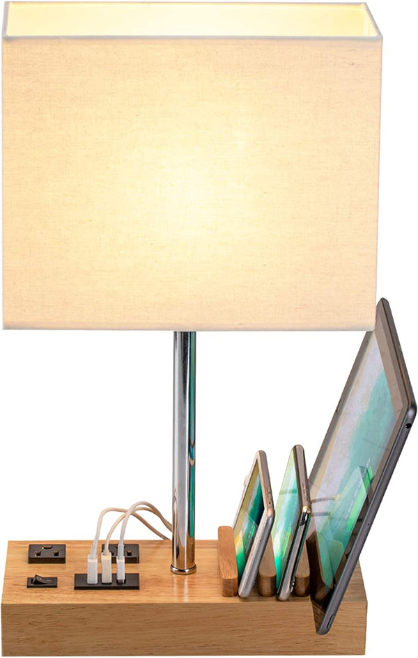 Desk Lamp with 3 USB Charging Ports & 2 AC Outlets - Table Lamp with 3 Phone Stands, Natural Wooden Base, and Cream Linen Shade for Nightstand or Bedside.