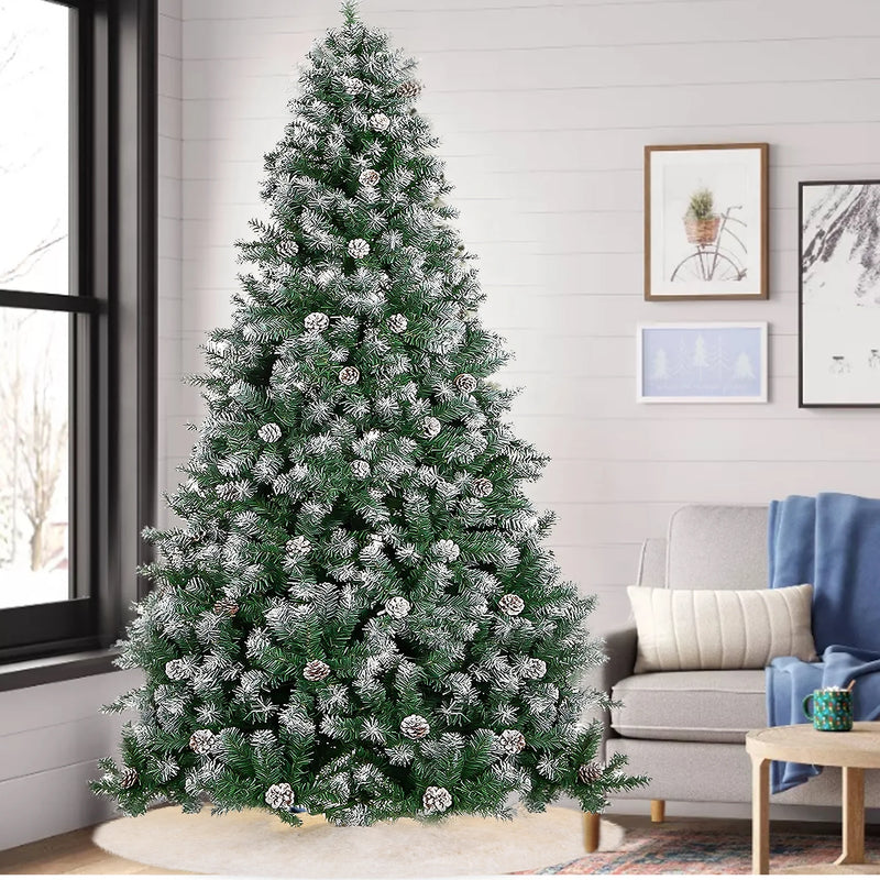 9Ft Pre-Lit Realistic Artificial Christmas Tree - Green Tree with 2100 Frosted Flocked Tips, 100 Pine Cones, LED Lights, and 63-Inch White Christmas Tree Skirt.