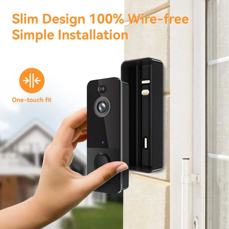 Wireless Doorbell Camera with Chime - Smart Video Doorbell Security Camera, Two-Way Audio, Motion Detection, Night Vision - Black.