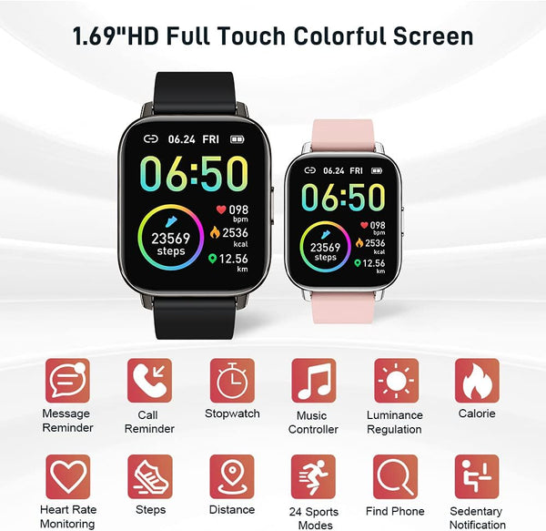 2022 Smart Watch for Men & Women - 1.69'' Touch Screen Fitness Tracker with Heart Rate Monitor, Sleep Tracking, Pedometer, and IP68 Waterproof Design, Compatible with Android & iOS.