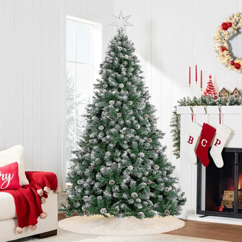 9Ft Pre-Lit Realistic Artificial Christmas Tree - Green Tree with 2100 Frosted Flocked Tips, 100 Pine Cones, LED Lights, and 63-Inch White Christmas Tree Skirt.