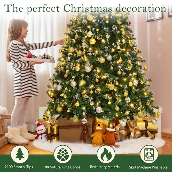 9Ft Pre-Lit Realistic Artificial Christmas Tree - Green Tree with 2100 Frosted Flocked Tips, 100 Pine Cones, LED Lights, and 63-Inch White Christmas Tree Skirt.