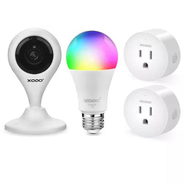 Smart Home Security Surveillance Kit - Includes 1080P Camera, 60-Watt Smart Bulb, Smart Plug, App-Controlled, Easy Installation for Complete Home Automation.