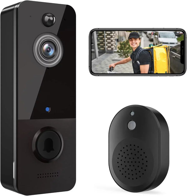 Wireless Doorbell Camera with Chime - Smart Video Doorbell Security Camera, Two-Way Audio, Motion Detection, Night Vision - Black.