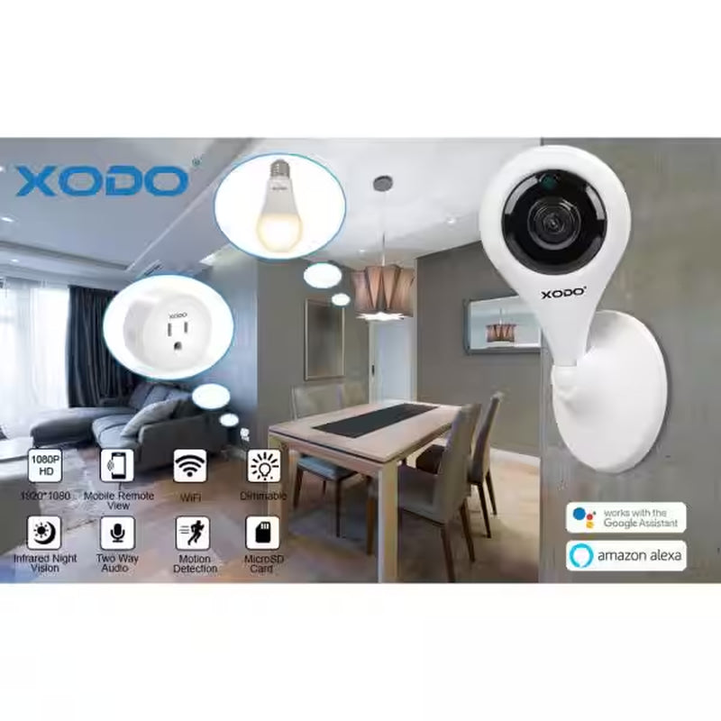 Smart Home Security Surveillance Kit - Includes 1080P Camera, 60-Watt Smart Bulb, Smart Plug, App-Controlled, Easy Installation for Complete Home Automation.