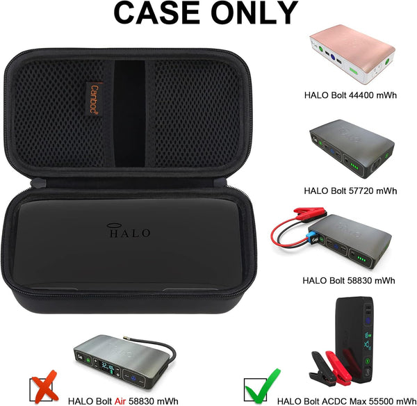 Hard Carrying Case for Halo Bolt ACDC Max 55500mWh Car Jump Starter - Portable Phone & Laptop Charger Power Bank with Mesh Bag for Jumper Cable, AC Wall Charger, Car Charger (Black).