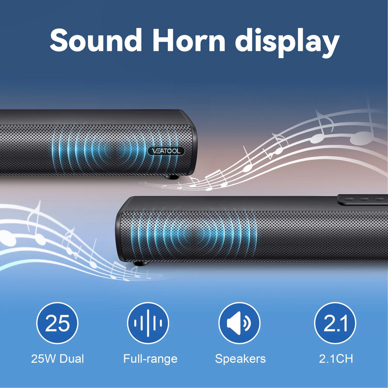 2.1Ch Sound Bar with Subwoofer for TV - Wired & Wireless Bluetooth 5.0 3D Surround Sound Speakers, Optical/HDMI/AUX/RCA/USB Connectivity, Wall Mountable Audio System