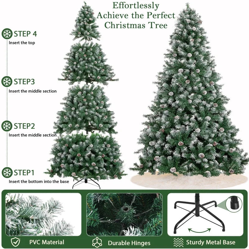 9Ft Pre-Lit Realistic Artificial Christmas Tree - Green Tree with 2100 Frosted Flocked Tips, 100 Pine Cones, LED Lights, and 63-Inch White Christmas Tree Skirt.