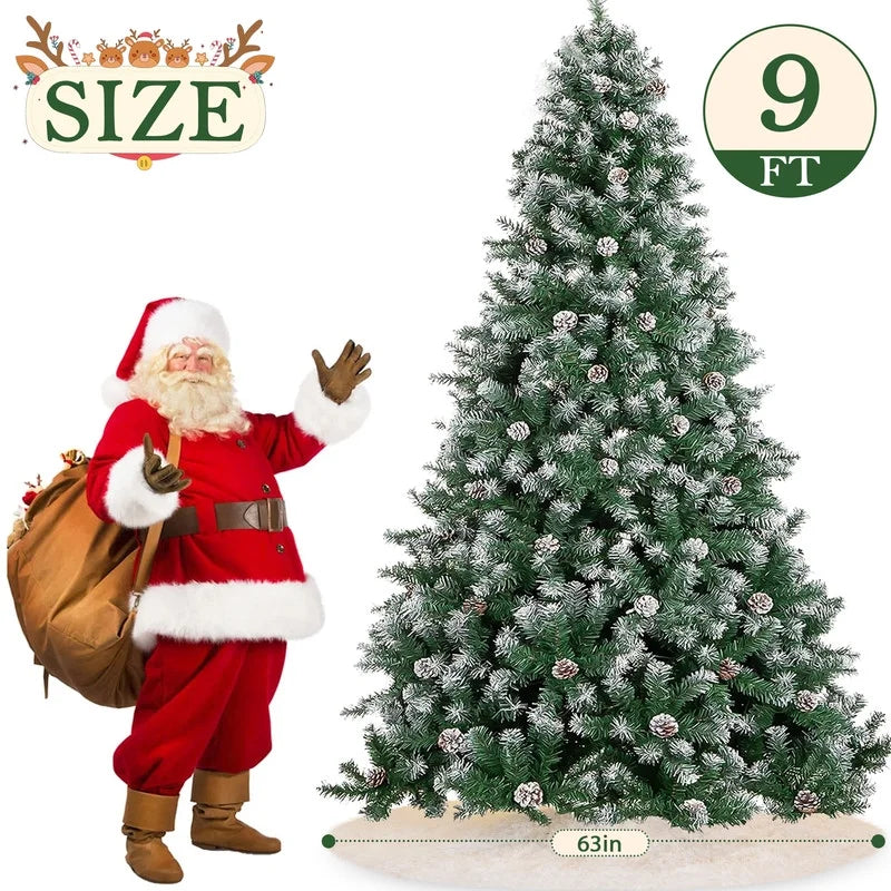 9Ft Pre-Lit Realistic Artificial Christmas Trees,Green Christmas Trees with 2100 Flocked Frosted Tips & 100 Pine Cones,Led Lights Christmas Trees with 63 Inch Christmas Tree Skirt White