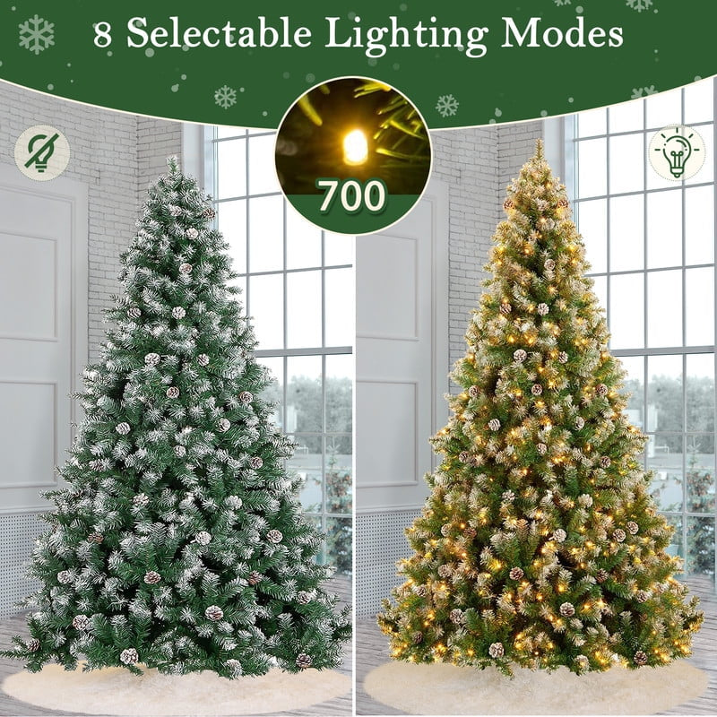 9Ft Pre-Lit Realistic Artificial Christmas Tree - Green Tree with 2100 Frosted Flocked Tips, 100 Pine Cones, LED Lights, and 63-Inch White Christmas Tree Skirt.